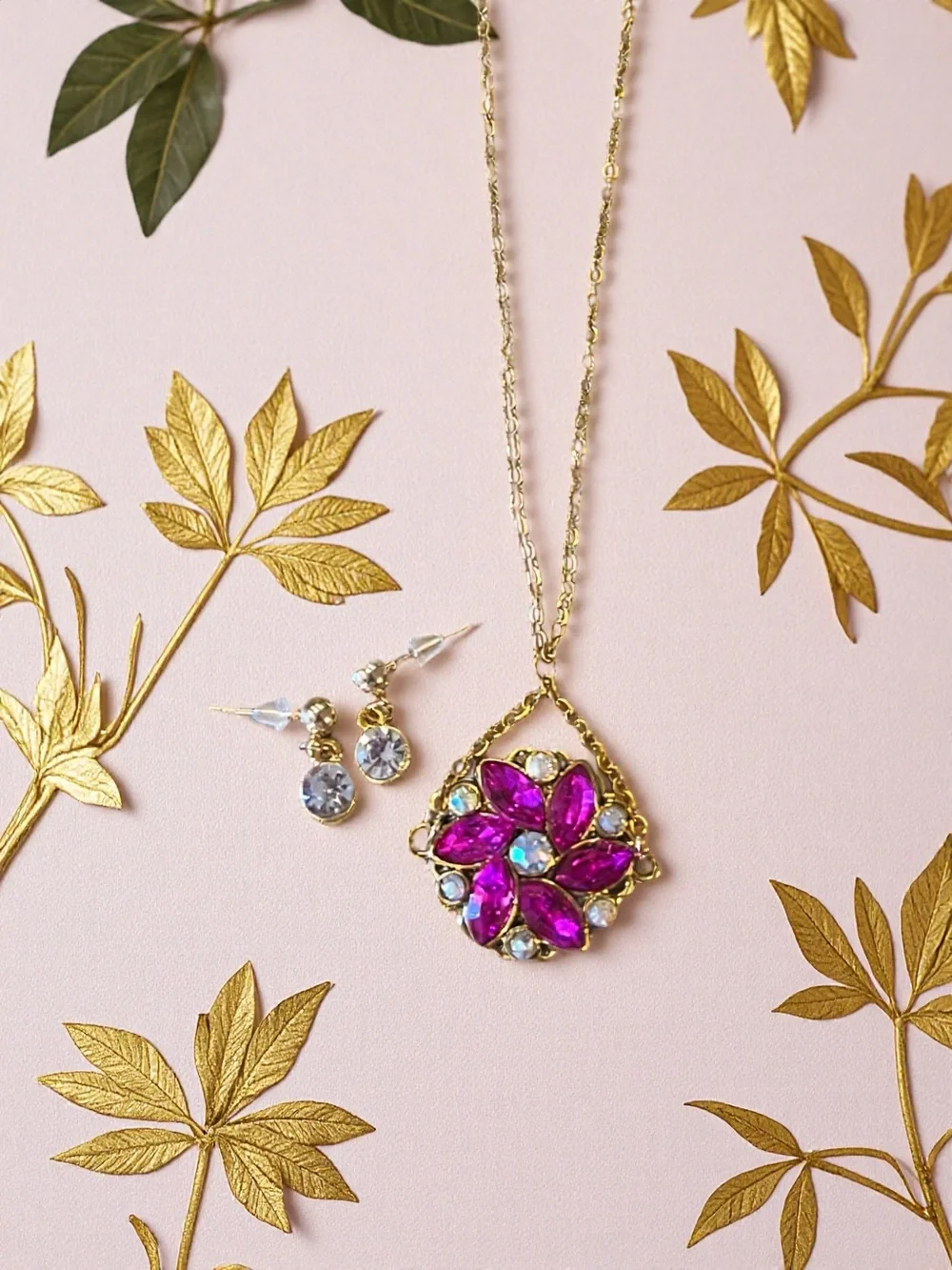 Gold-Tone Fuchsia Crystal Flower Pendant Necklace and Earring Set